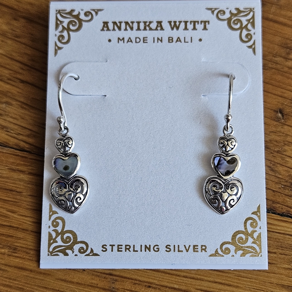 Annika Witt Sterling Silver Abalone Mother of Pearl Triple Heart 1.25"  Earrings
